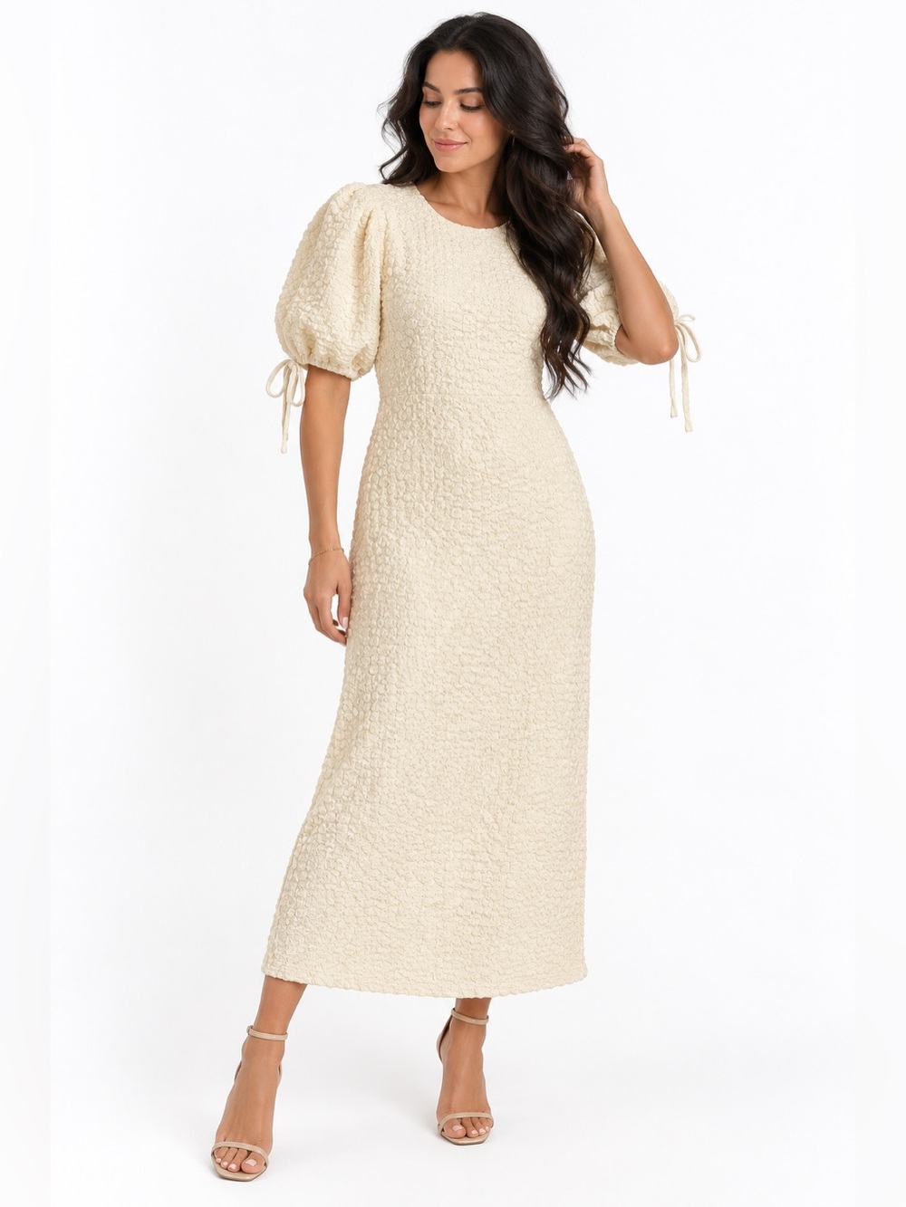 English Factory Cream Textured Puff Sleeve Midi Dress NWT M